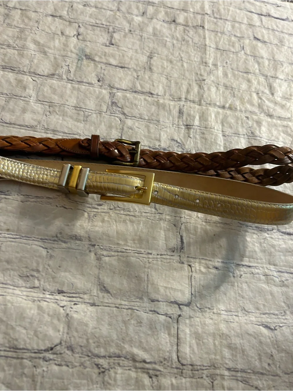 ELITE VTG GOLD METALLIC SKIN PRINT AND EDDIE BAUER BROWN LEATHER BRAIDED BELTS